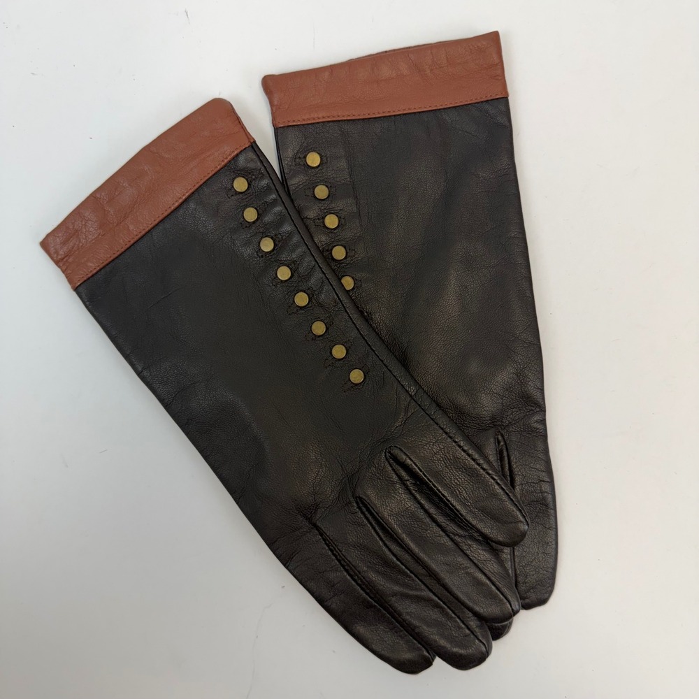 Mercer & Madison Womens Leather Gloves Black Brown Studded Two Tone Size L